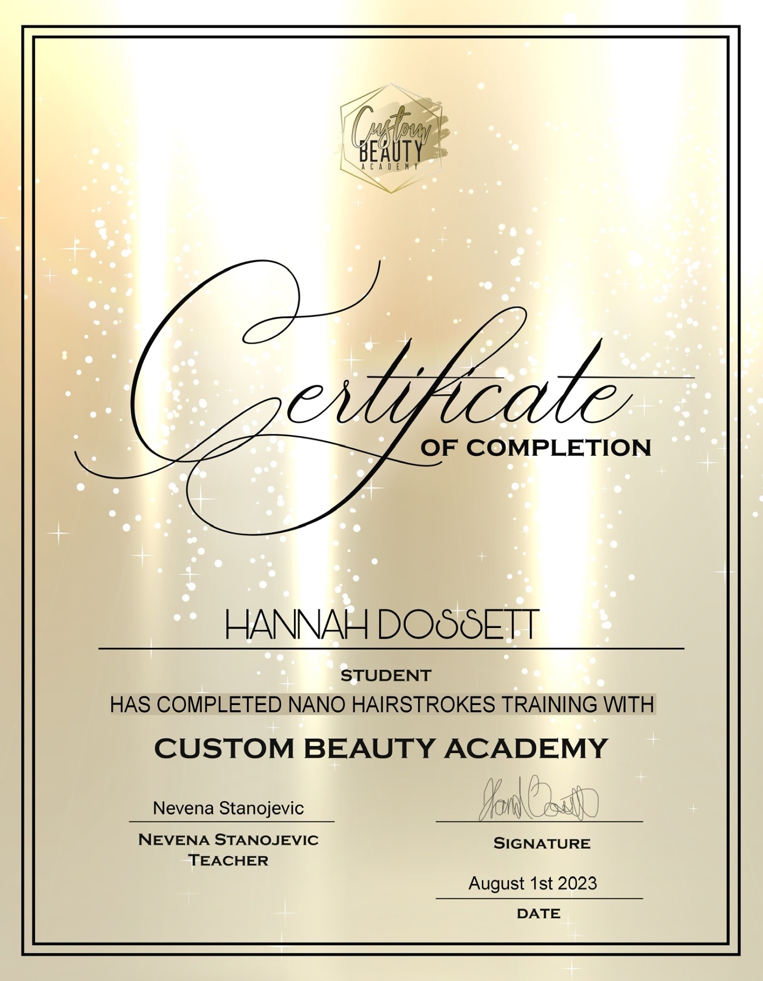 Hannah Dossett's Nano Hairstrokes Training certificate from Custom Beauty Academy