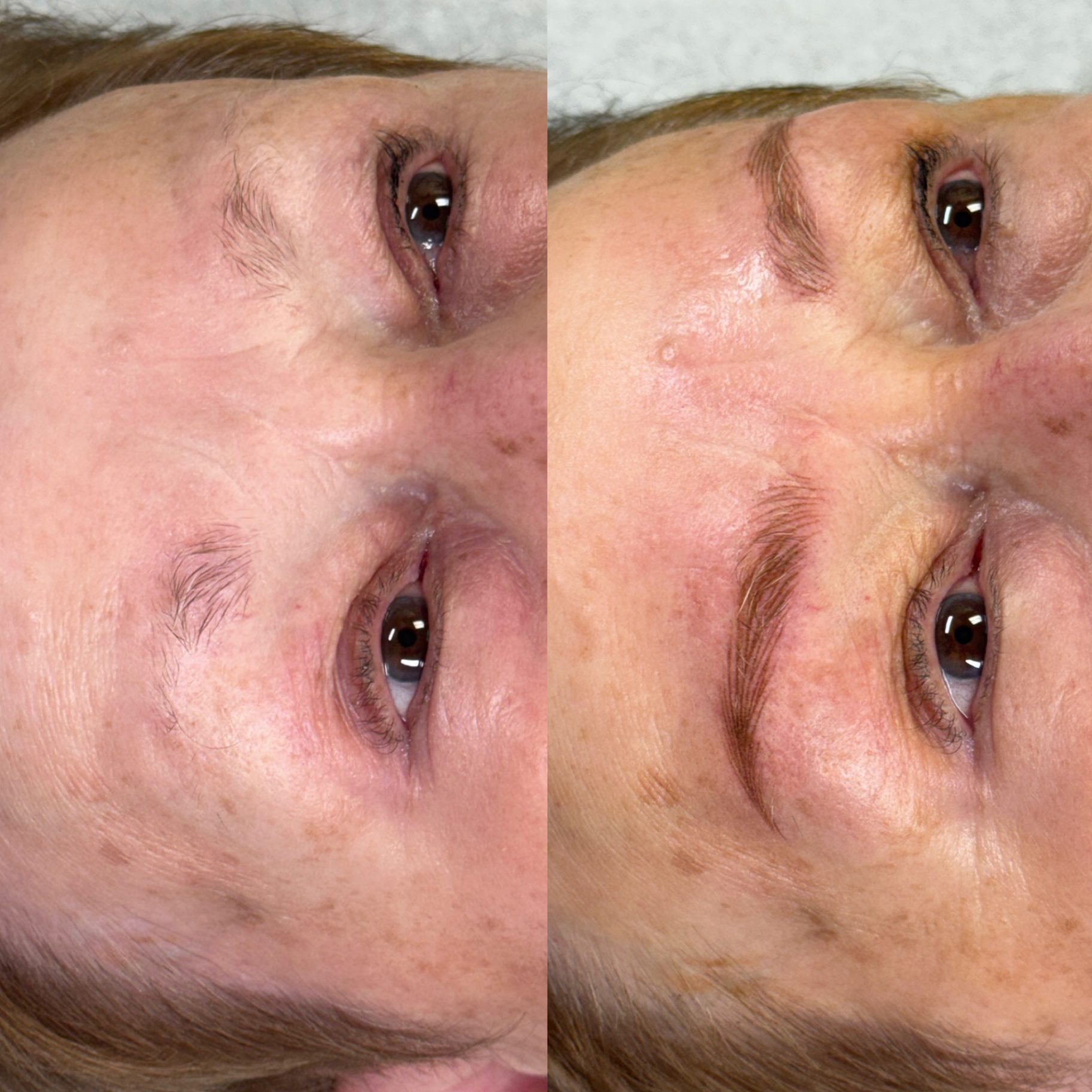 Before and after of a client's restorative brow tattooing result