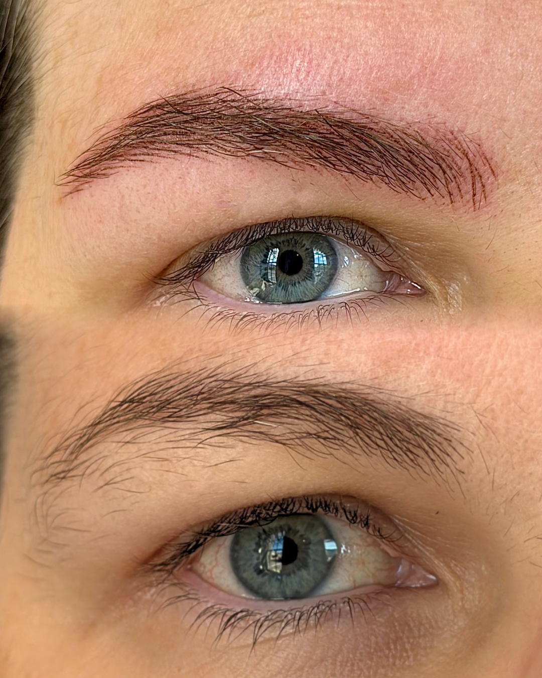 Before and immediately after nano brow hairstrokes, top and bottom comparison