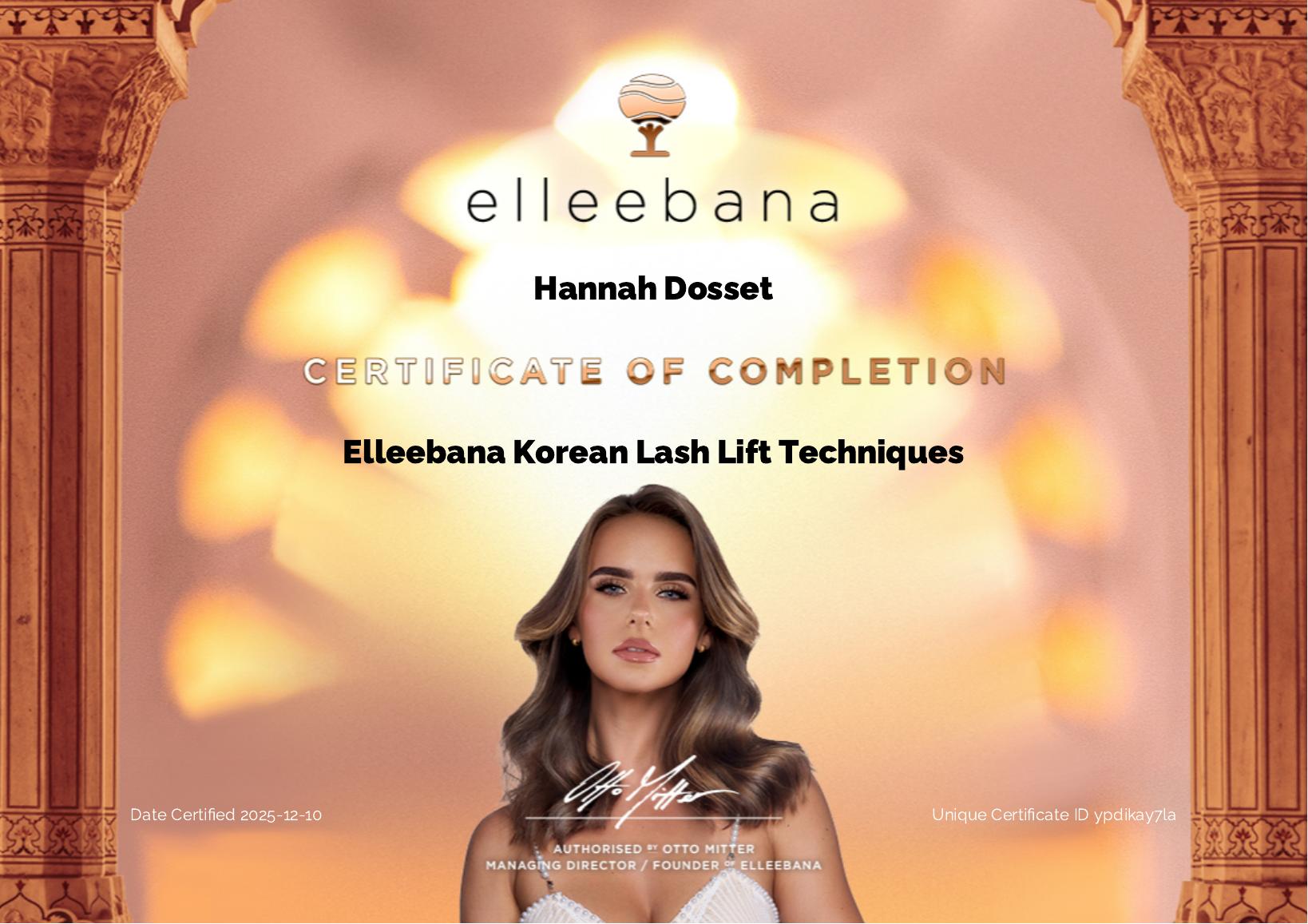 Hannah Dossett's Korean Lash Lift Techniques certificate from Elleebana
