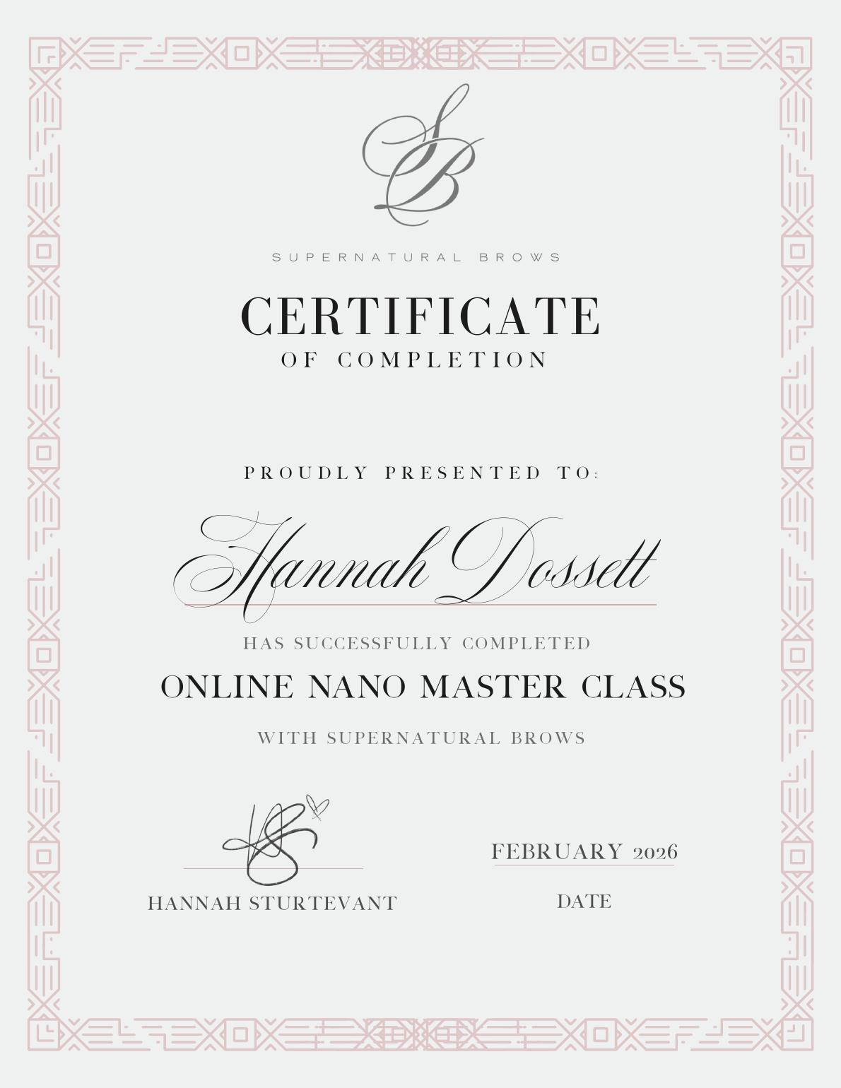 Hannah Dossett's Online Nano Master Class certificate from Supernatural Brows